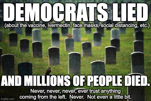 The actions of the Democrat Party during COVID-19 is the greatest atrocity perpetrated on America in my lifetime. | DEMOCRATS LIED; (about the vaccine, ivermectin, face masks, social distancing, etc.); AND MILLIONS OF PEOPLE DIED. Never, never, never, ever trust anything coming from the left.  Never.  Not even a little bit. | image tagged in graveyard cemetary,much worse than sept 11th,1st abortion then geneocide | made w/ Imgflip meme maker