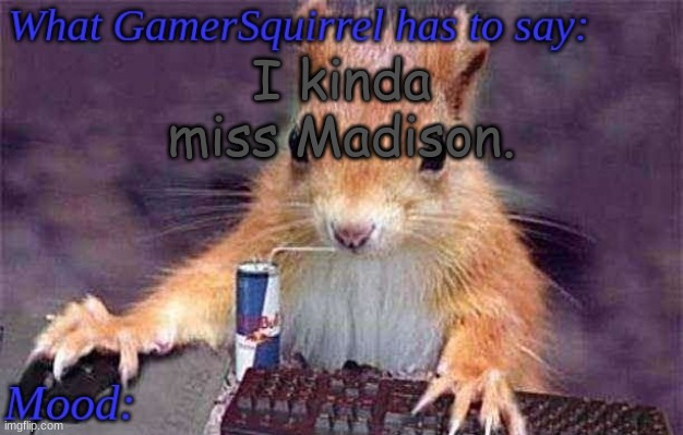 Now who wants to rp?!? | I kinda miss Madison. | image tagged in gamersquirrel's template | made w/ Imgflip meme maker
