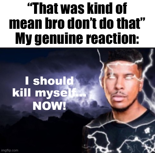 . | “That was kind of mean bro don’t do that”
My genuine reaction: | image tagged in i should kill myself now | made w/ Imgflip meme maker