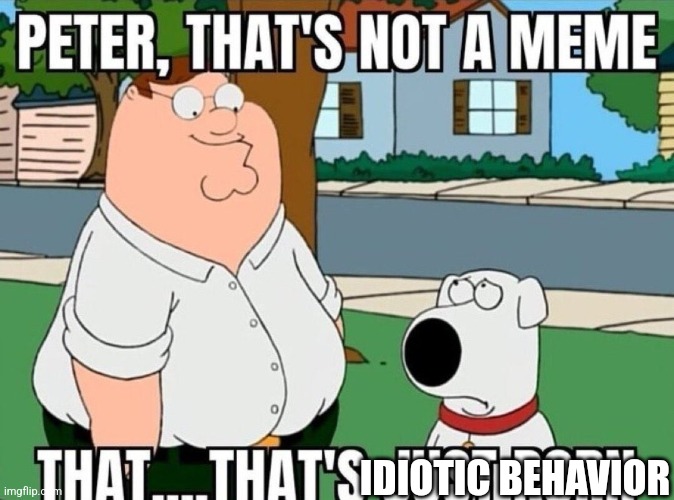 Peter, that's not a meme. | IDIOTIC BEHAVIOR | image tagged in peter that's not a meme | made w/ Imgflip meme maker