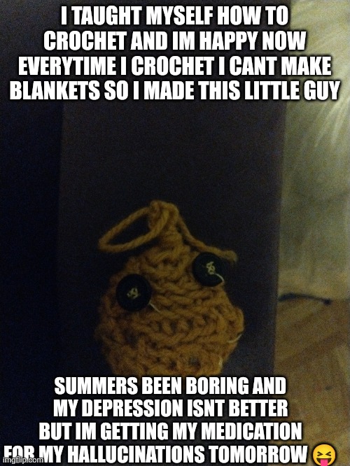 What should i name him? | I TAUGHT MYSELF HOW TO CROCHET AND IM HAPPY NOW EVERYTIME I CROCHET I CANT MAKE BLANKETS SO I MADE THIS LITTLE GUY; SUMMERS BEEN BORING AND MY DEPRESSION ISNT BETTER BUT IM GETTING MY MEDICATION FOR MY HALLUCINATIONS TOMORROW 😝 | made w/ Imgflip meme maker