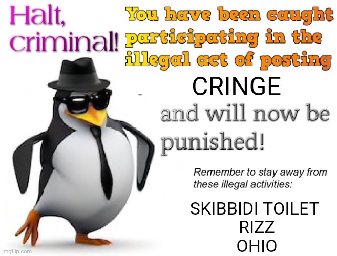 halt criminal! | CRINGE SKIBBIDI TOILET 
RIZZ
OHIO | image tagged in halt criminal | made w/ Imgflip meme maker