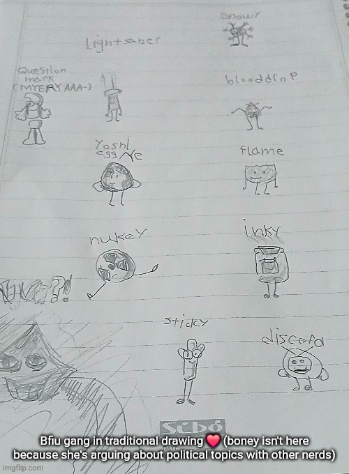 Bfiu gang in traditional drawing ❤️ (boney isn't here because she's arguing about political topics with other nerds) | made w/ Imgflip meme maker