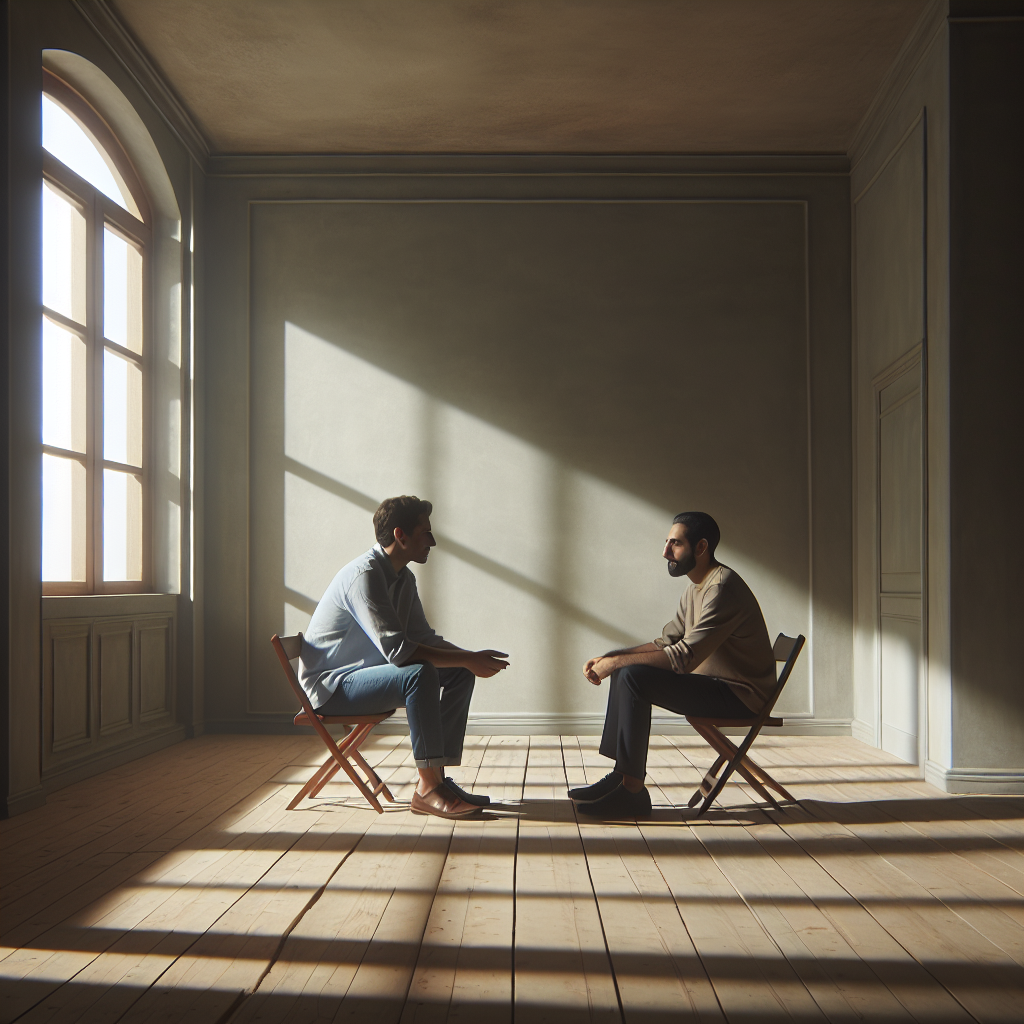 two guys sitting in a big empty room Blank Meme Template