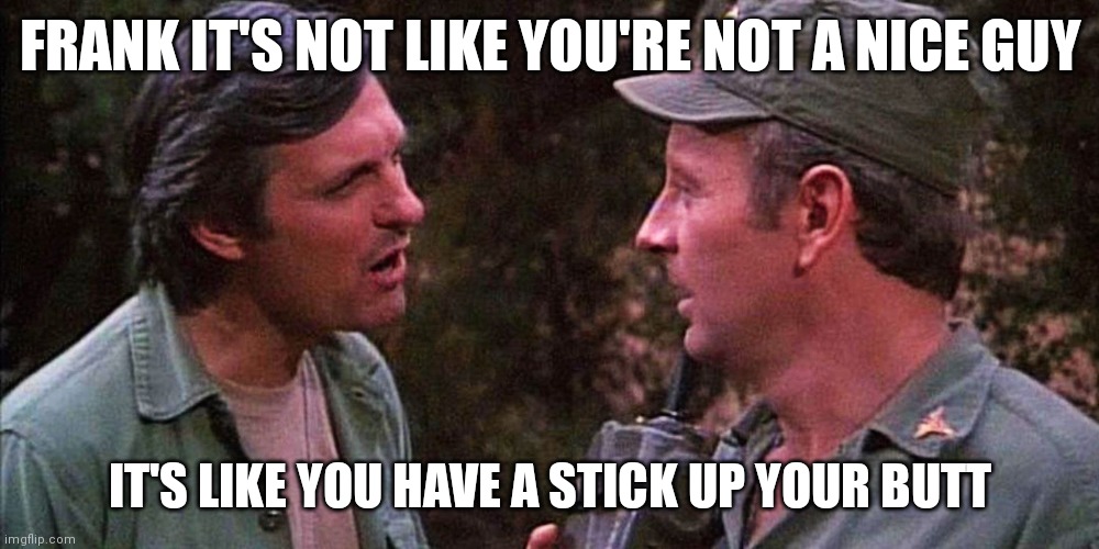 Stick up | FRANK IT'S NOT LIKE YOU'RE NOT A NICE GUY; IT'S LIKE YOU HAVE A STICK UP YOUR BUTT | image tagged in funny memes | made w/ Imgflip meme maker