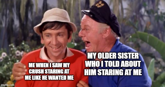 Gilligan and the Skipper | ME WHEN I SAW MY CRUSH STARING AT ME LIKE HE WANTED ME; MY OLDER SISTER WHO I TOLD ABOUT HIM STARING AT ME | image tagged in gilligan and the skipper | made w/ Imgflip meme maker