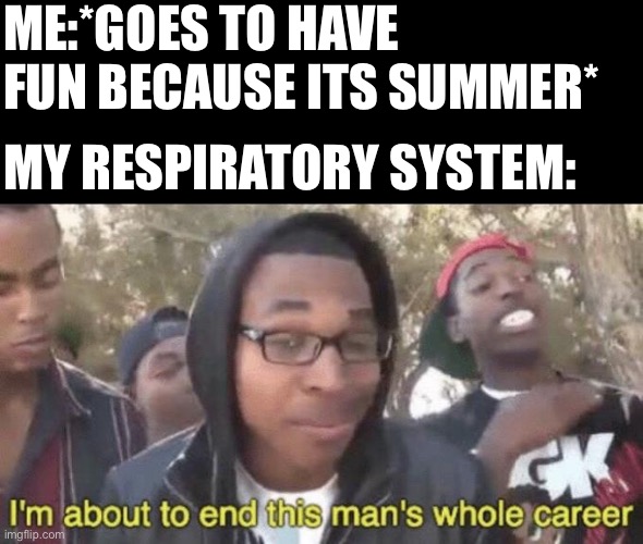I’m about to end this man’s whole career | ME:*GOES TO HAVE FUN BECAUSE ITS SUMMER*; MY RESPIRATORY SYSTEM: | image tagged in i m about to end this man s whole career | made w/ Imgflip meme maker