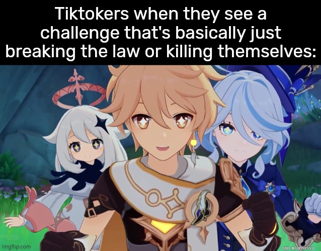 The Tiktokers are surely stupid. | Tiktokers when they see a challenge that's basically just breaking the law or killing themselves: | image tagged in memes,tiktok,challenge | made w/ Imgflip meme maker
