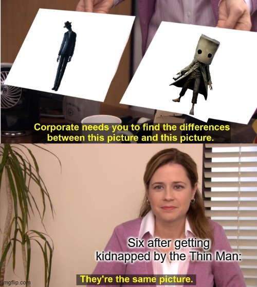 Mono vs Thin Man | Six after getting kidnapped by the Thin Man: | image tagged in memes,they're the same picture | made w/ Imgflip meme maker