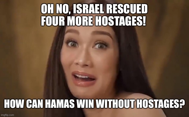 Hamas supporters are upset | OH NO, ISRAEL RESCUED FOUR MORE HOSTAGES! HOW CAN HAMAS WIN WITHOUT HOSTAGES? | image tagged in keratin maja | made w/ Imgflip meme maker