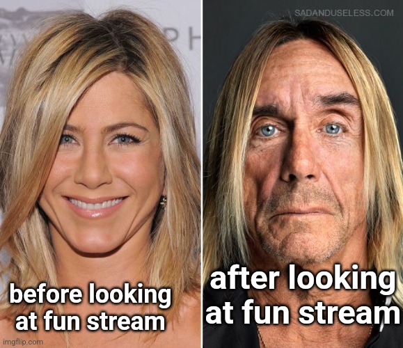 before and after aniston | before looking at fun stream; after looking at fun stream | image tagged in before and after aniston | made w/ Imgflip meme maker