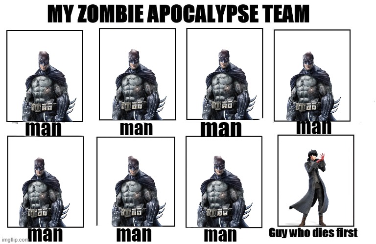 My Zombie Apocalypse Team | man; man; man; man; man; man; man | image tagged in my zombie apocalypse team,batman slapping robin | made w/ Imgflip meme maker