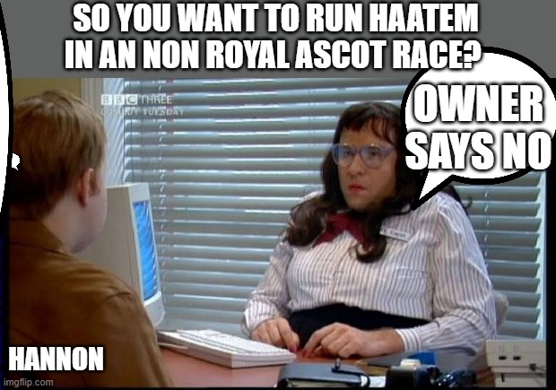 Little Britain Computer says no | SO YOU WANT TO RUN HAATEM IN AN NON ROYAL ASCOT RACE? OWNER SAYS NO; HANNON | image tagged in little britain computer says no | made w/ Imgflip meme maker