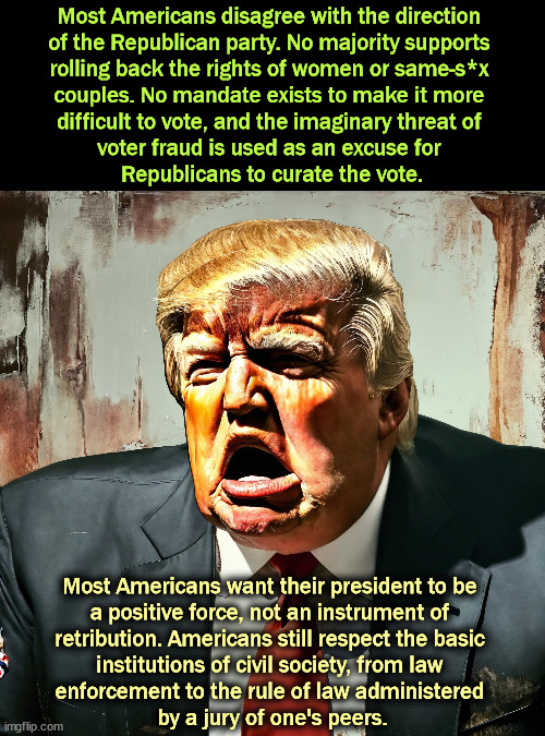 Trump's extreme agenda is NOT America's agenda. | Most Americans disagree with the direction 
of the Republican party. No majority supports 
rolling back the rights of women or same-s*x 
couples. No mandate exists to make it more 
difficult to vote, and the imaginary threat of 
voter fraud is used as an excuse for 
Republicans to curate the vote. Most Americans want their president to be 
a positive force, not an instrument of 
retribution. Americans still respect the basic 
institutions of civil society, from law 
enforcement to the rule of law administered 
by a jury of one's peers. | image tagged in republicans,wrong,americans,disagree,president | made w/ Imgflip meme maker