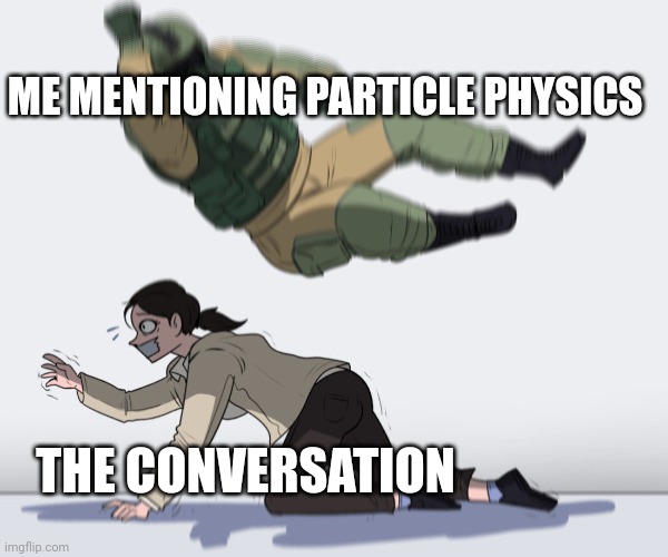 soldier attack | ME MENTIONING PARTICLE PHYSICS; THE CONVERSATION | image tagged in soldier attack | made w/ Imgflip meme maker