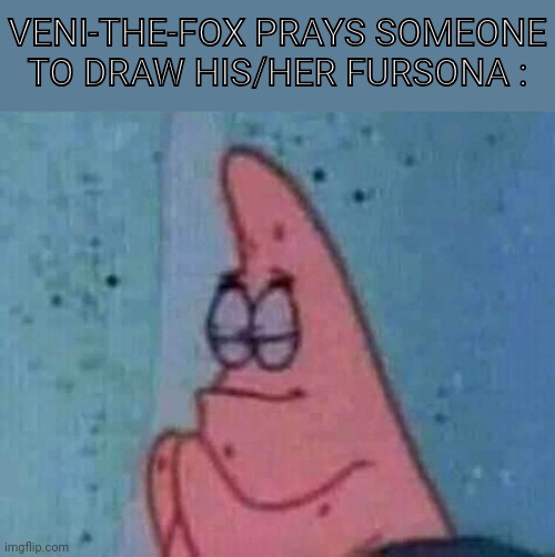 Relatable? | VENI-THE-FOX PRAYS SOMEONE TO DRAW HIS/HER FURSONA : | image tagged in praying patrick,furry,fr | made w/ Imgflip meme maker