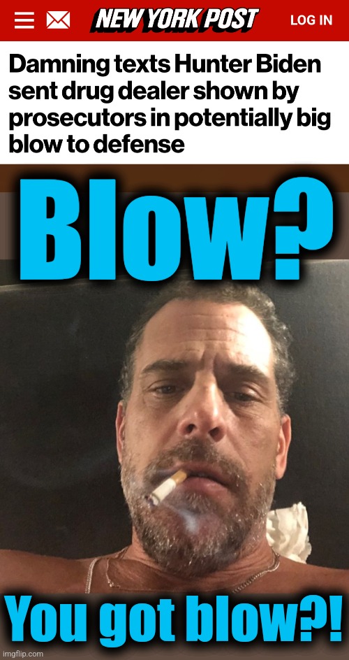 Calm down, Hunter! | Blow? You got blow?! | image tagged in hunter biden,memes,biden crime syndicate,blow,joe biden,trial | made w/ Imgflip meme maker