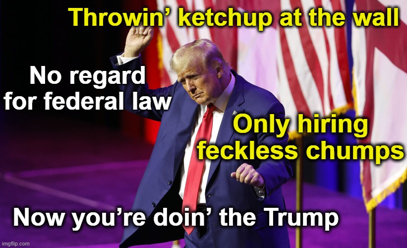 Trump Rally Dance | Throwin’ ketchup at the wall; No regard for federal law; Only hiring feckless chumps; Now you’re doin’ the Trump | image tagged in donald trump approves,maga,trump,donald trump is an idiot,nevertrump meme,basket of deplorables | made w/ Imgflip meme maker