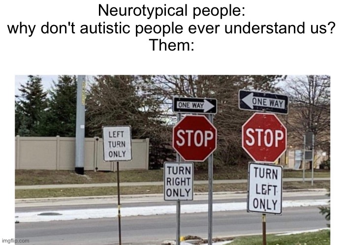 I don't get it | Neurotypical people: why don't autistic people ever understand us?
Them: | image tagged in memes,autism,autistic,stop sign,so true | made w/ Imgflip meme maker