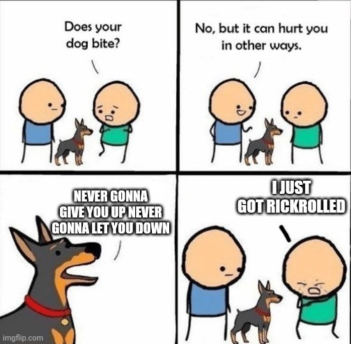 does your dog bite | I JUST GOT RICKROLLED; NEVER GONNA GIVE YOU UP NEVER GONNA LET YOU DOWN | image tagged in does your dog bite,rickroll | made w/ Imgflip meme maker