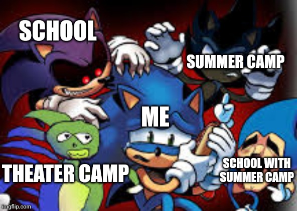 Hoo boi | SUMMER CAMP; SCHOOL; ME; SCHOOL WITH SUMMER CAMP; THEATER CAMP | image tagged in scared sonic | made w/ Imgflip meme maker