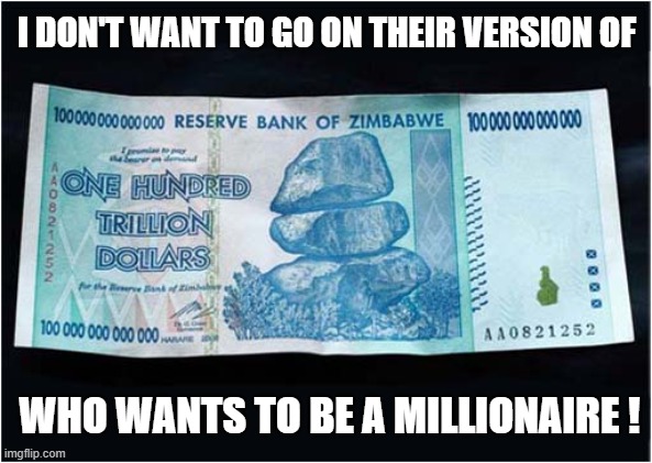 It's Not Worth It ! | I DON'T WANT TO GO ON THEIR VERSION OF; WHO WANTS TO BE A MILLIONAIRE ! | image tagged in who wants to be a millionaire,zimbabwe,hyperinflation | made w/ Imgflip meme maker