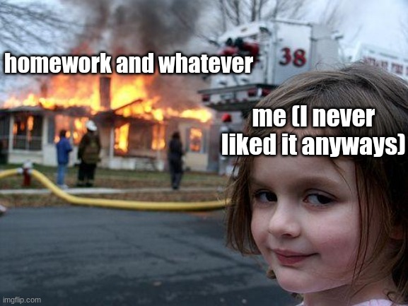 Disaster Girl | homework and whatever; me (I never liked it anyways) | image tagged in memes,disaster girl | made w/ Imgflip meme maker