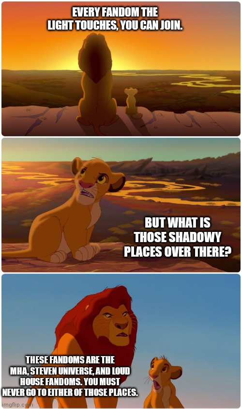 Lion King Fandoms meme | EVERY FANDOM THE LIGHT TOUCHES, YOU CAN JOIN. BUT WHAT IS THOSE SHADOWY PLACES OVER THERE? THESE FANDOMS ARE THE MHA, STEVEN UNIVERSE, AND LOUD HOUSE FANDOMS. YOU MUST NEVER GO TO EITHER OF THOSE PLACES. | image tagged in shadowy place lion king | made w/ Imgflip meme maker
