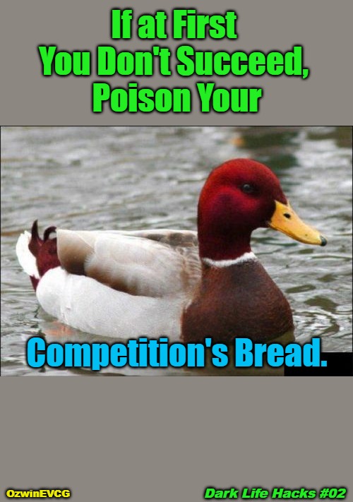Dark Life Hacks #02 [PSC] | If at First 

You Don't Succeed, 

Poison Your; Competition's Bread. Dark Life Hacks #02; OzwinEVCG | image tagged in memes,malicious advice mallard,competition,say what,try again,animals | made w/ Imgflip meme maker