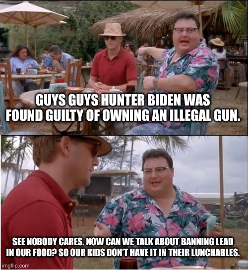 Can we get back to real problems? | GUYS GUYS HUNTER BIDEN WAS FOUND GUILTY OF OWNING AN ILLEGAL GUN. SEE NOBODY CARES. NOW CAN WE TALK ABOUT BANNING LEAD IN OUR FOOD? SO OUR KIDS DON’T HAVE IT IN THEIR LUNCHABLES. | image tagged in memes,see nobody cares,poltics,lead lunchables,real problems | made w/ Imgflip meme maker