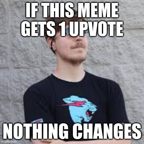 mrbeast | IF THIS MEME GETS 1 UPVOTE; NOTHING CHANGES | image tagged in mrbeast | made w/ Imgflip meme maker