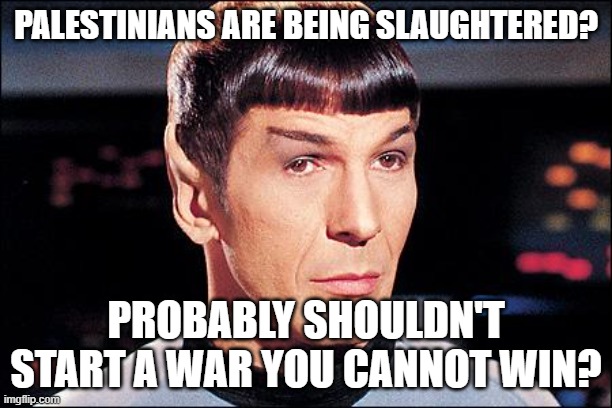 Palestinians | PALESTINIANS ARE BEING SLAUGHTERED? PROBABLY SHOULDN'T START A WAR YOU CANNOT WIN? | image tagged in condescending spock | made w/ Imgflip meme maker