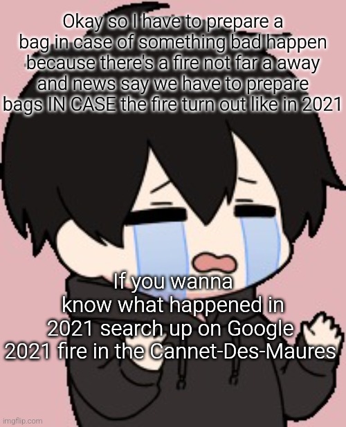 Shadow:cry | Okay so I have to prepare a bag in case of something bad happen because there's a fire not far a away and news say we have to prepare bags IN CASE the fire turn out like in 2021; If you wanna know what happened in 2021 search up on Google 

2021 fire in the Cannet-Des-Maures | image tagged in shadow cry | made w/ Imgflip meme maker