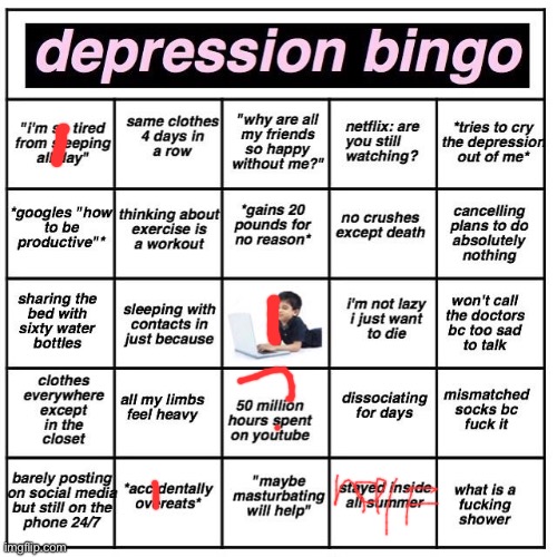 Depression bingo | image tagged in depression bingo | made w/ Imgflip meme maker