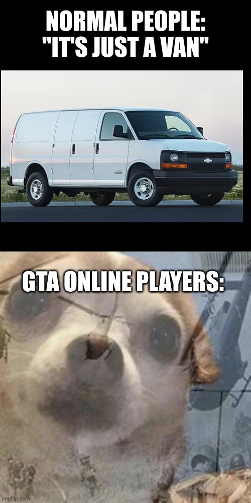 Only GTA online players will get this. | NORMAL PEOPLE: "IT'S JUST A VAN"; GTA ONLINE PLAYERS: | image tagged in vietnam dog flashbacks,memes,gaming,gta online,gta 5 | made w/ Imgflip meme maker