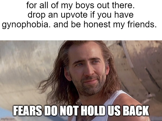 all the honest homies | for all of my boys out there. drop an upvote if you have gynophobia. and be honest my friends. FEARS DO NOT HOLD US BACK | image tagged in nicholas cage,funny memes,no fear,fearless | made w/ Imgflip meme maker