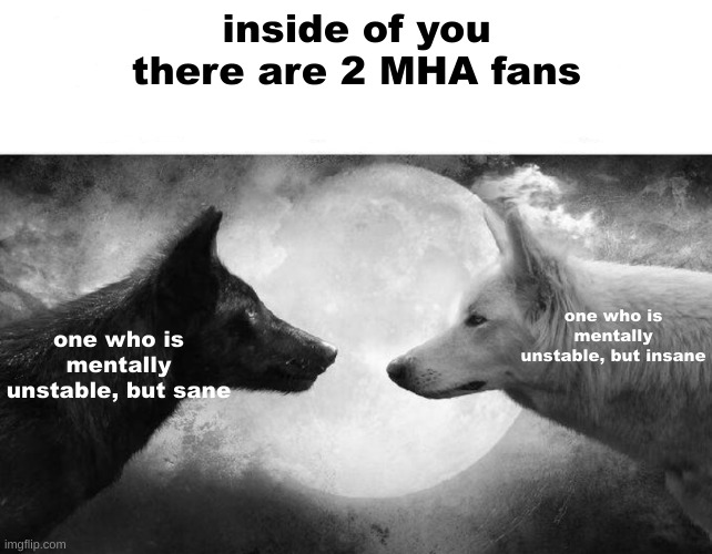 inside of you there are two wolves | inside of you there are 2 MHA fans one who is mentally unstable, but sane one who is mentally unstable, but insane | image tagged in inside of you there are two wolves | made w/ Imgflip meme maker