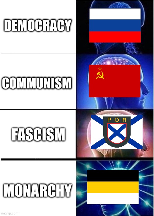Monarchy is always on top | DEMOCRACY; COMMUNISM; FASCISM; MONARCHY | image tagged in memes,expanding brain,russia,monarchy | made w/ Imgflip meme maker
