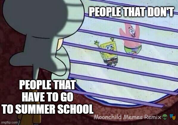 Summer School Meme | PEOPLE THAT DON'T; PEOPLE THAT HAVE TO GO TO SUMMER SCHOOL; Moonchild Memes Remix👽🎭 | image tagged in squidward window | made w/ Imgflip meme maker