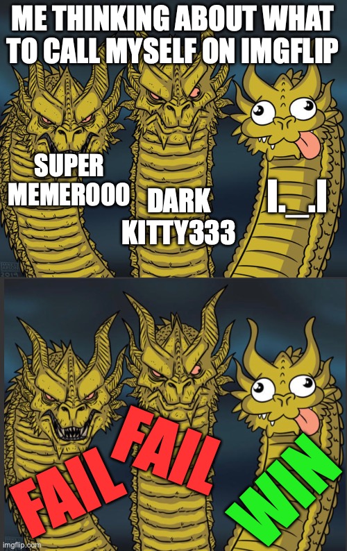 choosing my name | ME THINKING ABOUT WHAT TO CALL MYSELF ON IMGFLIP; SUPER
MEMER000; I._.I; DARK
KITTY333; FAIL; FAIL; WIN | image tagged in three-headed dragon,funny,funny memes,memes,dragon,funny meme | made w/ Imgflip meme maker