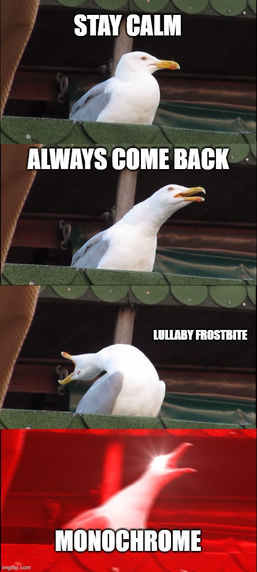 Songs that I heard and what I did when it came on. | STAY CALM; ALWAYS COME BACK; LULLABY FROSTBITE; MONOCHROME | image tagged in memes,inhaling seagull | made w/ Imgflip meme maker