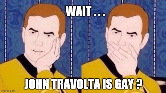 Sarcastically surprised Kirk | WAIT . . . JOHN TRAVOLTA IS GAY ? | image tagged in sarcastically surprised kirk | made w/ Imgflip meme maker