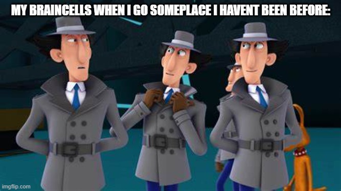 whats this place | MY BRAINCELLS WHEN I GO SOMEPLACE I HAVENT BEEN BEFORE: | image tagged in inspector gadget clones,memes | made w/ Imgflip meme maker