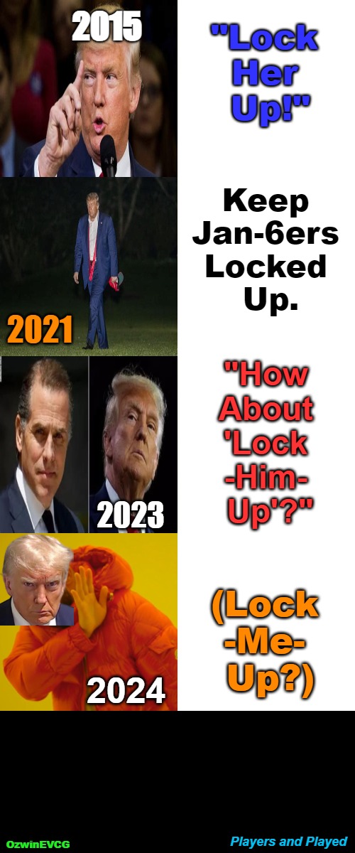 Players and Played | 2015; "Lock 

Her 

Up!"; Keep 

Jan-6ers 

Locked 

Up. 2021; "How 

About 

'Lock 

-Him- 

Up'?"; 2023; (Lock 

-Me- 

Up?); 2024; Players and Played; OzwinEVCG | image tagged in deep fakes,justice,donald trump,slogans,clowntastic,deep state | made w/ Imgflip meme maker