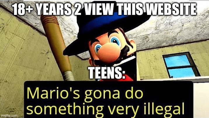 Don’t lie bout ur age | 18+ YEARS 2 VIEW THIS WEBSITE; TEENS: | image tagged in mario s gonna do something very illegal | made w/ Imgflip meme maker
