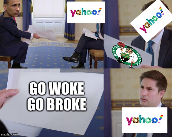 Joe Mazzulla Yahoo meme | GO WOKE GO BROKE | image tagged in nba,nba memes,basketball,celtics | made w/ Imgflip meme maker