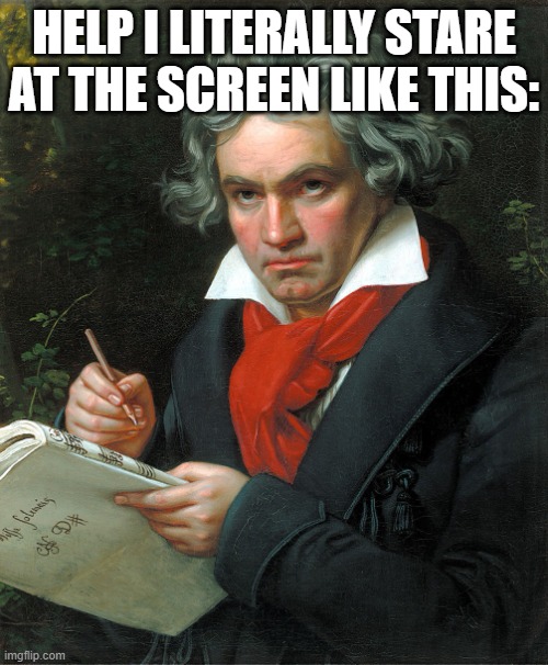 Beethoven  | HELP I LITERALLY STARE AT THE SCREEN LIKE THIS: | image tagged in beethoven | made w/ Imgflip meme maker