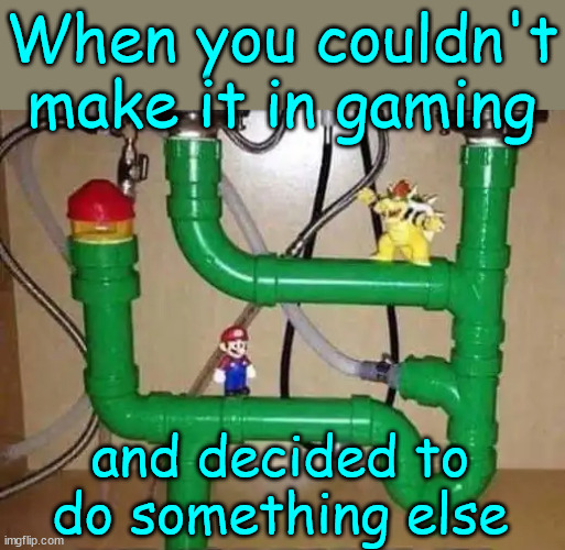 Life after gaming | When you couldn't make it in gaming; and decided to do something else | image tagged in gaming,life after gaming,creative,plumbing | made w/ Imgflip meme maker