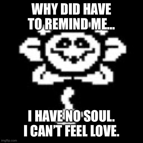 Flowey | WHY DID HAVE TO REMIND ME… I HAVE NO SOUL. I CAN’T FEEL LOVE. | image tagged in flowey | made w/ Imgflip meme maker
