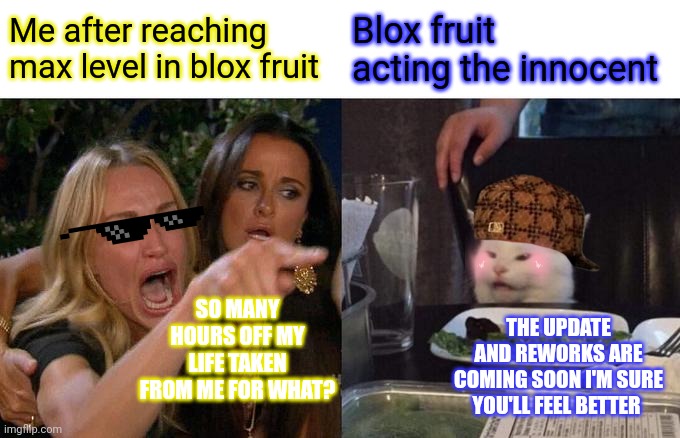 A Roblox game you shouldn't play unless your into pain | Me after reaching max level in blox fruit; Blox fruit acting the innocent; SO MANY HOURS OFF MY LIFE TAKEN FROM ME FOR WHAT? THE UPDATE AND REWORKS ARE COMING SOON I'M SURE YOU'LL FEEL BETTER | image tagged in memes,woman yelling at cat,one piece | made w/ Imgflip meme maker